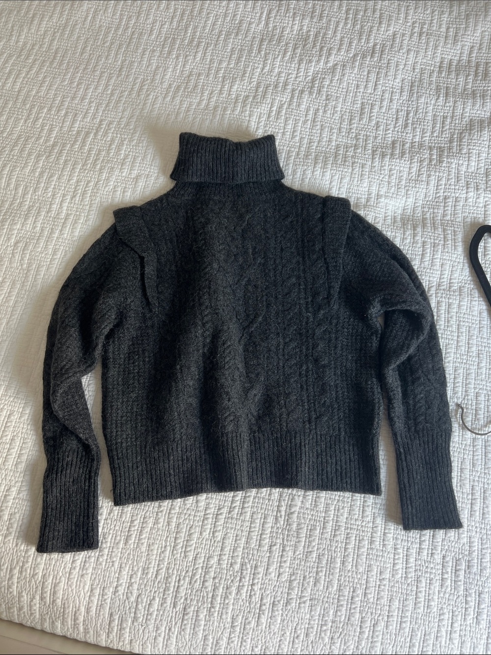 360 Cashmere Dark Charcoal Grey Cable Knit Turtleneck Cropped Sweater
